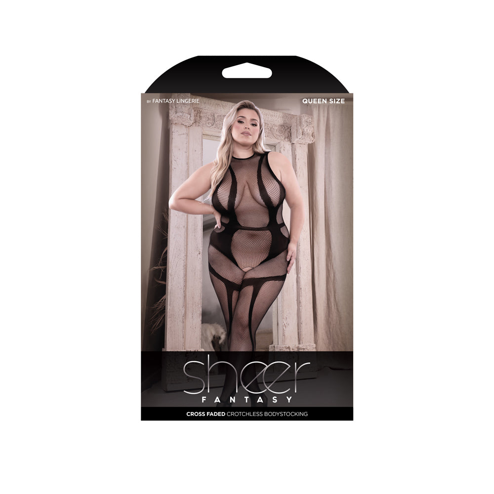 Crotchless Bodystocking - Cross-Faded High-Neck Lingerie, Queen Size