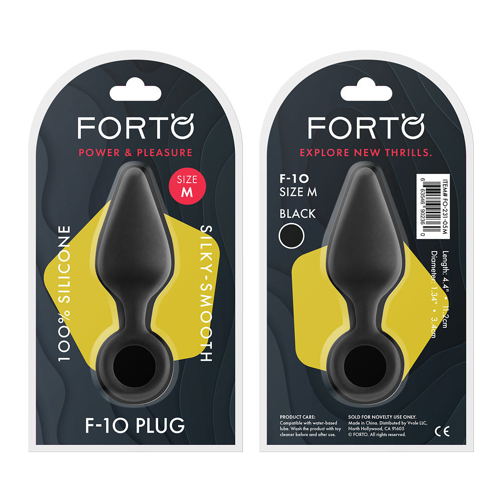 Silicone Butt Plug with Pull Ring - Medium - Black - F-10