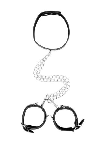 Ouch! Bonded Leather Collar with Handcuffs and Leash for BDSM and Bondage Play