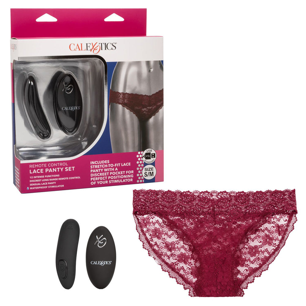 Remote-Control Lace Panty Set - Burgundy - Size S/M