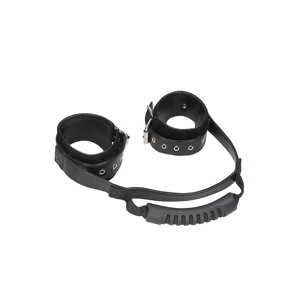 Ouch! Black & White Bonded Leather Hand Cuffs With Handle With Adjustable Straps