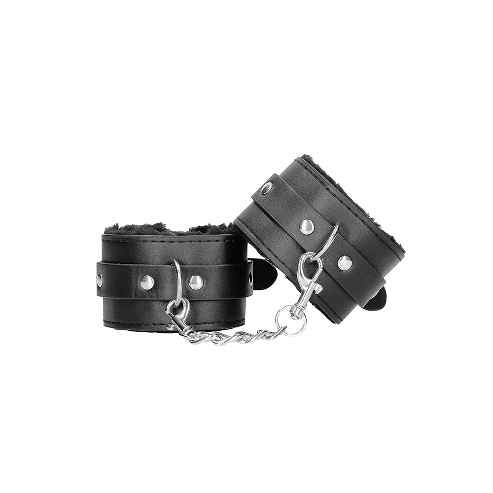 Ouch! Black & White Plush Bonded Leather Hand Cuffs With Adjustable Straps