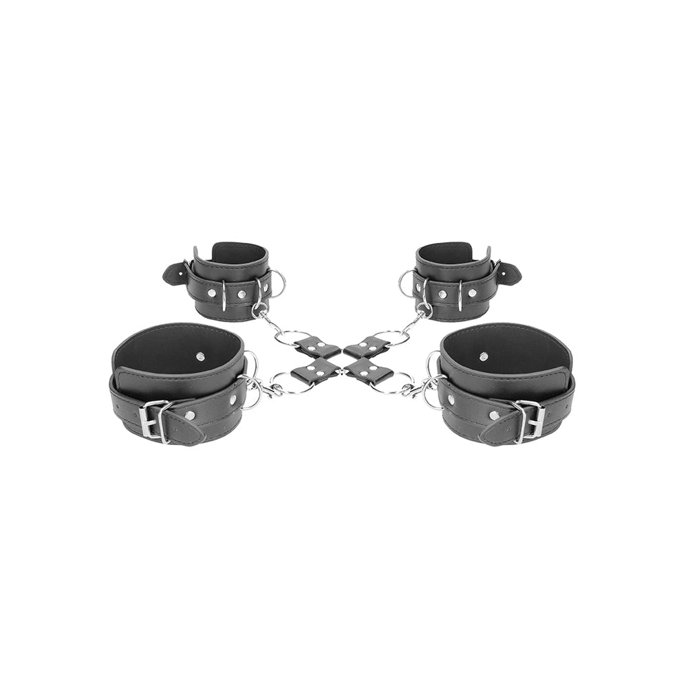 Ouch! Black & White Bonded Leather Hogtie With Hand And Ankle Cuffs