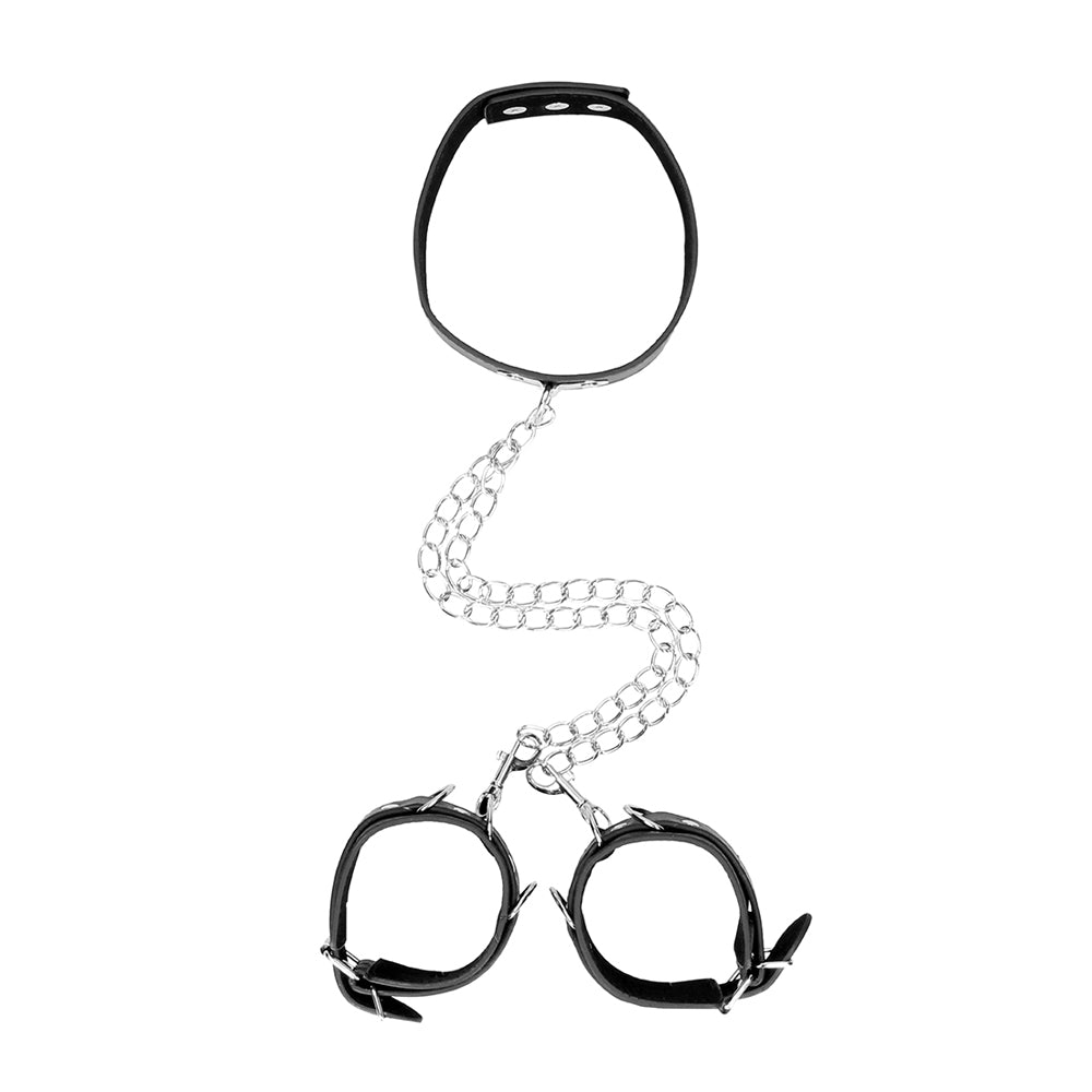 Ouch! Black & White Bonded Leather Collar With Hand Cuffs With Adjustable Straps And Chain