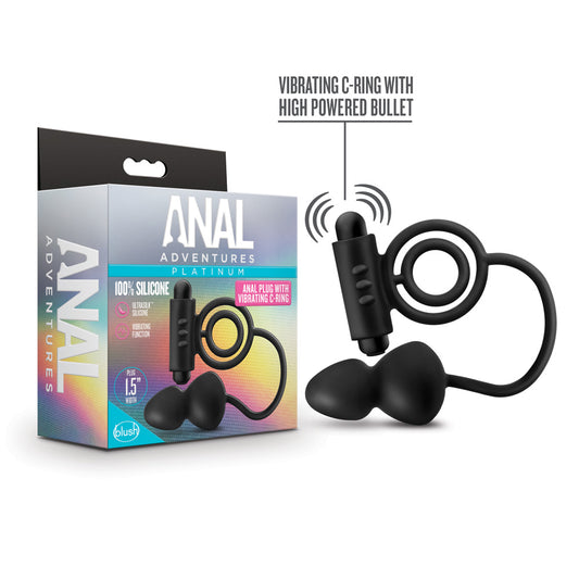 Anal Adventures Platinum Silicone Vibrating Anal Plug with C-Ring - Black