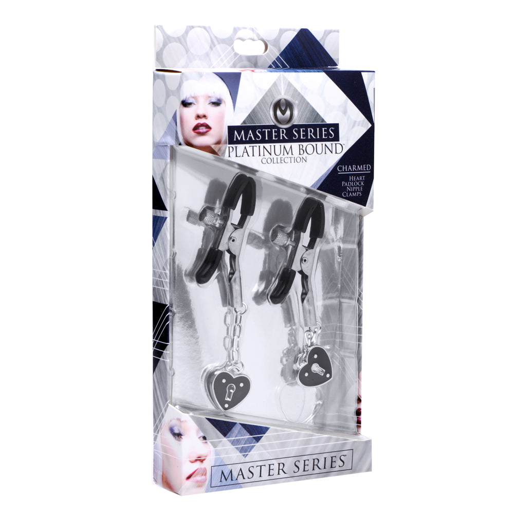 Master Series Charmed Heart Padlock Nipple Clamps - Adjustable Metal BDSM Nipple Restraints