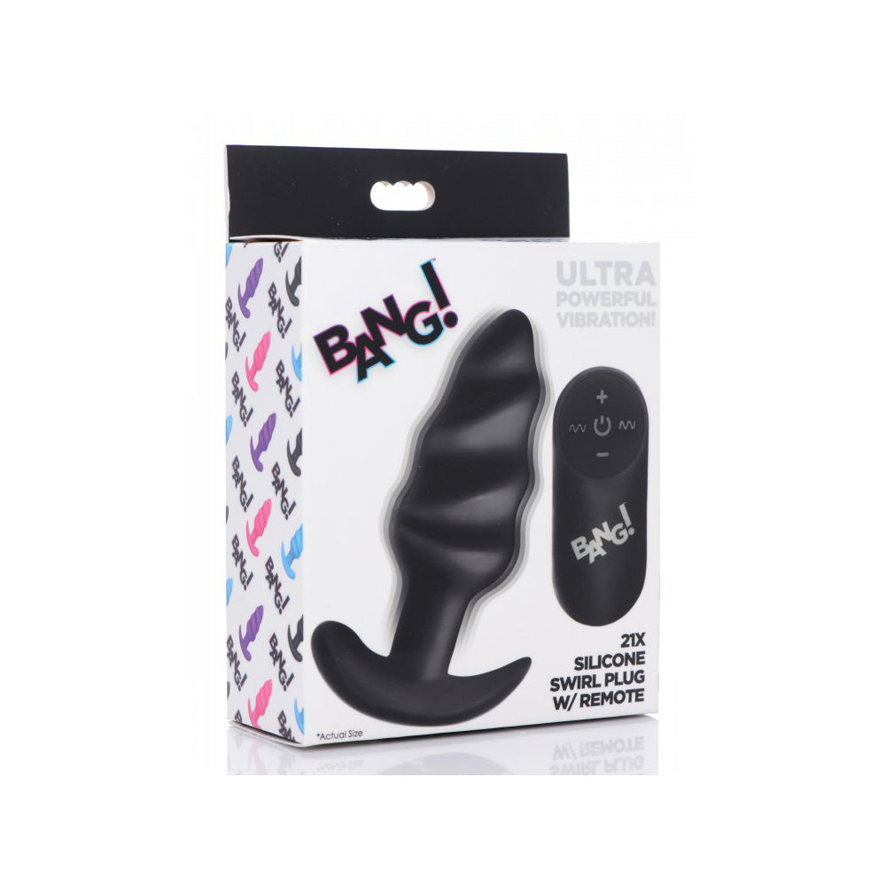 Bang! 21X Vibrating Silicone Swirl Butt Plug with Remote Control - Blue