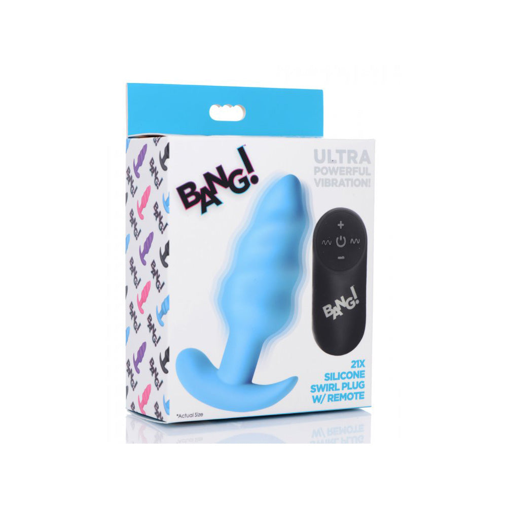 Bang! 21X Vibrating Silicone Swirl Butt Plug with Remote Control - Blue