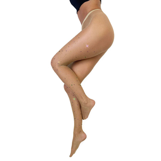 Tan Rhinestone Mardi Gras Tights - Costume Legwear (Size B)