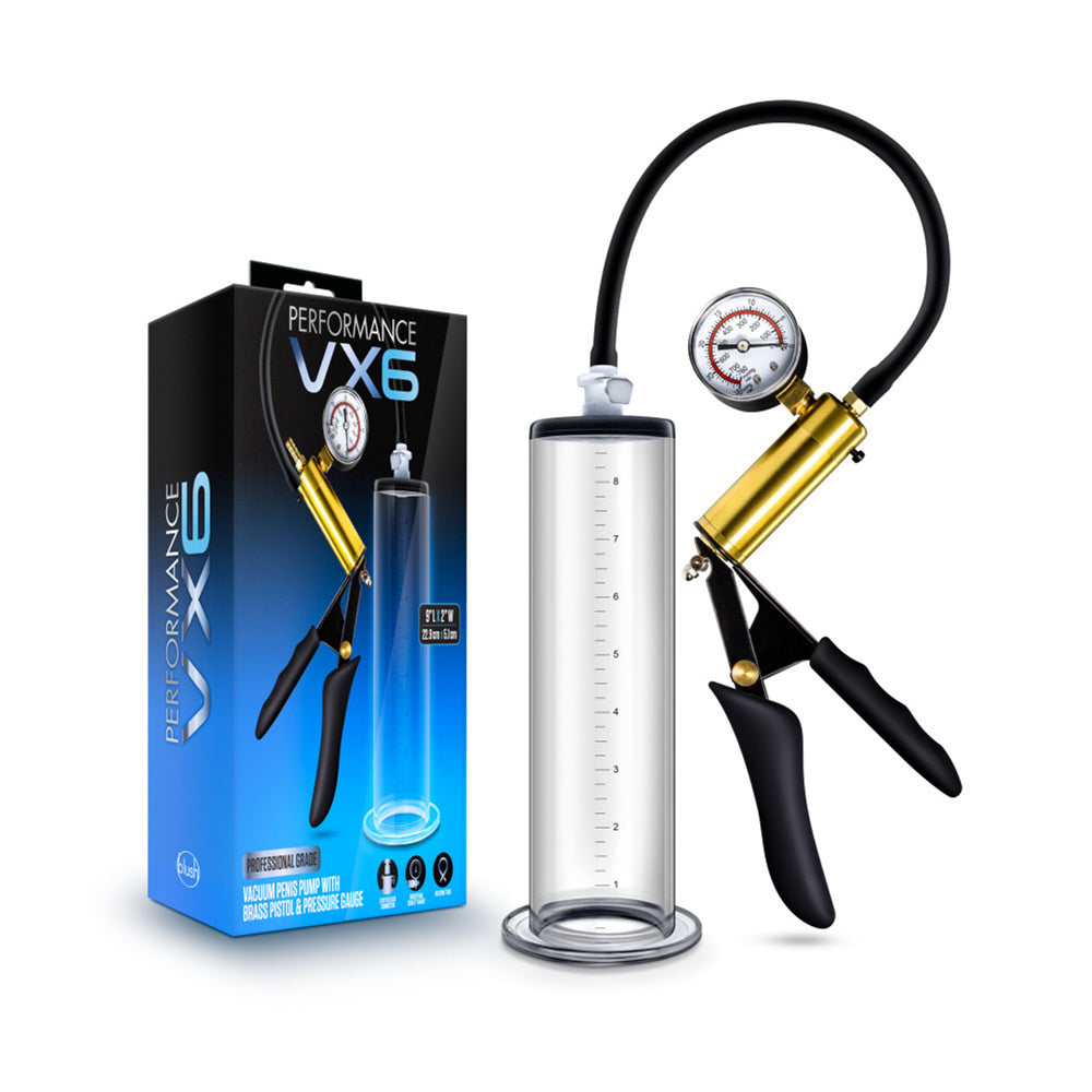 Performance VX6 Vacuum Penis Pump with Brass Pistol and Pressure Gauge – Clear