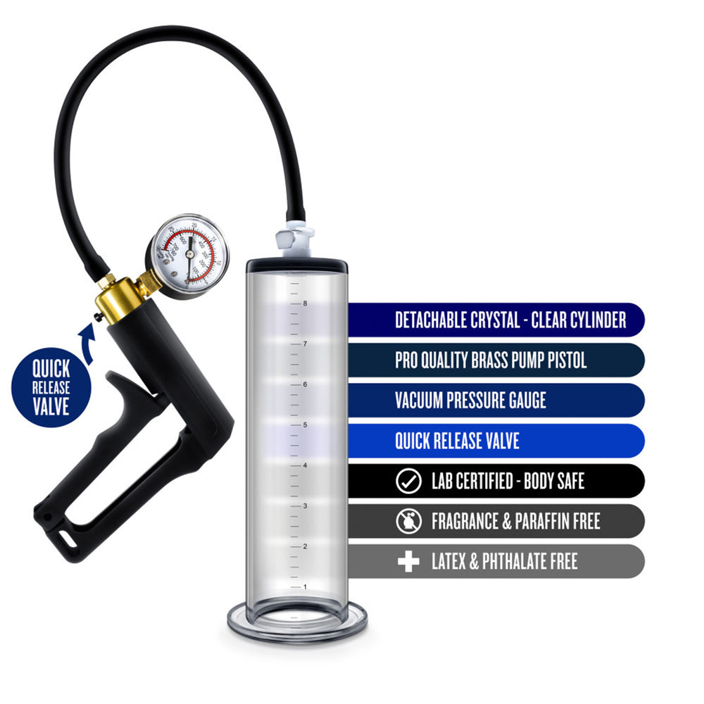 Performance Vx7 Vacuum Penis Pump with Brass Trigger and Pressure Gauge – Clear