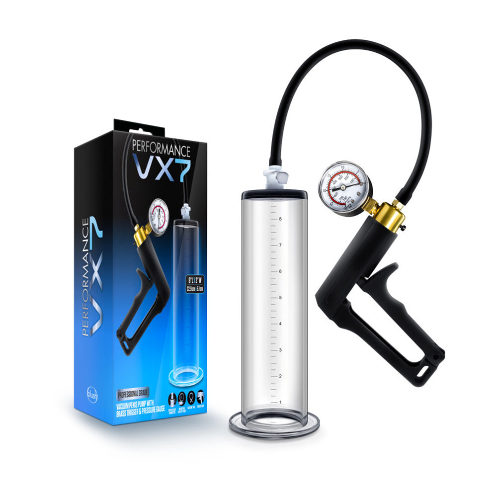 Performance Vx7 Vacuum Penis Pump with Brass Trigger and Pressure Gauge – Clear