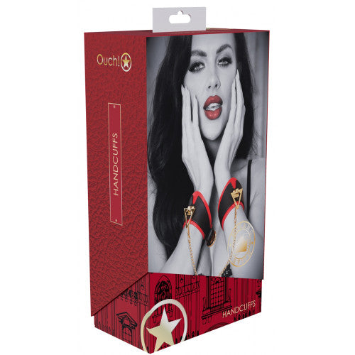 Ouch! Milan Collection Handcuffs – Black/Red Faux Leather BDSM Restraints for Stylish Bondage Play
