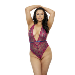 Plus Size Two-Tone Lace Bodysuit in Fuchsia