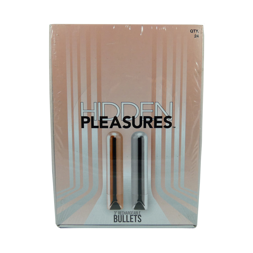 Hidden Pleasures Rechargeable Bullet Vibrator – 24-Count Display, Silver/Rose Gold