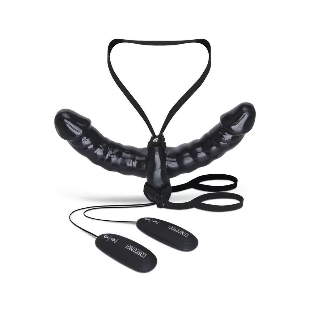Vibrating Pleasure For 2 Double-Ended Strap-On With Dual-Wired Remote Controls