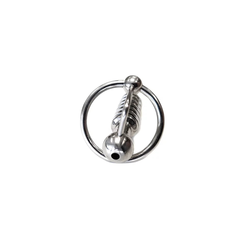 Stainless Steel Beaded Urethral Probe and Cock Ring - BDSM Metal Toy