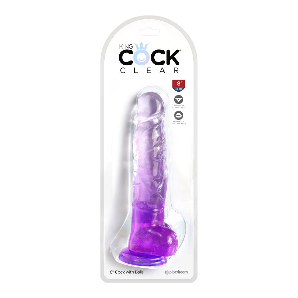 King Cock Clear 8" With Balls Purple