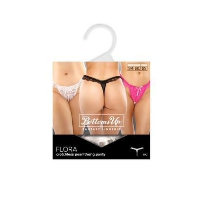Flora Lace Crotchless Pearl Thong – White, Size L/XL