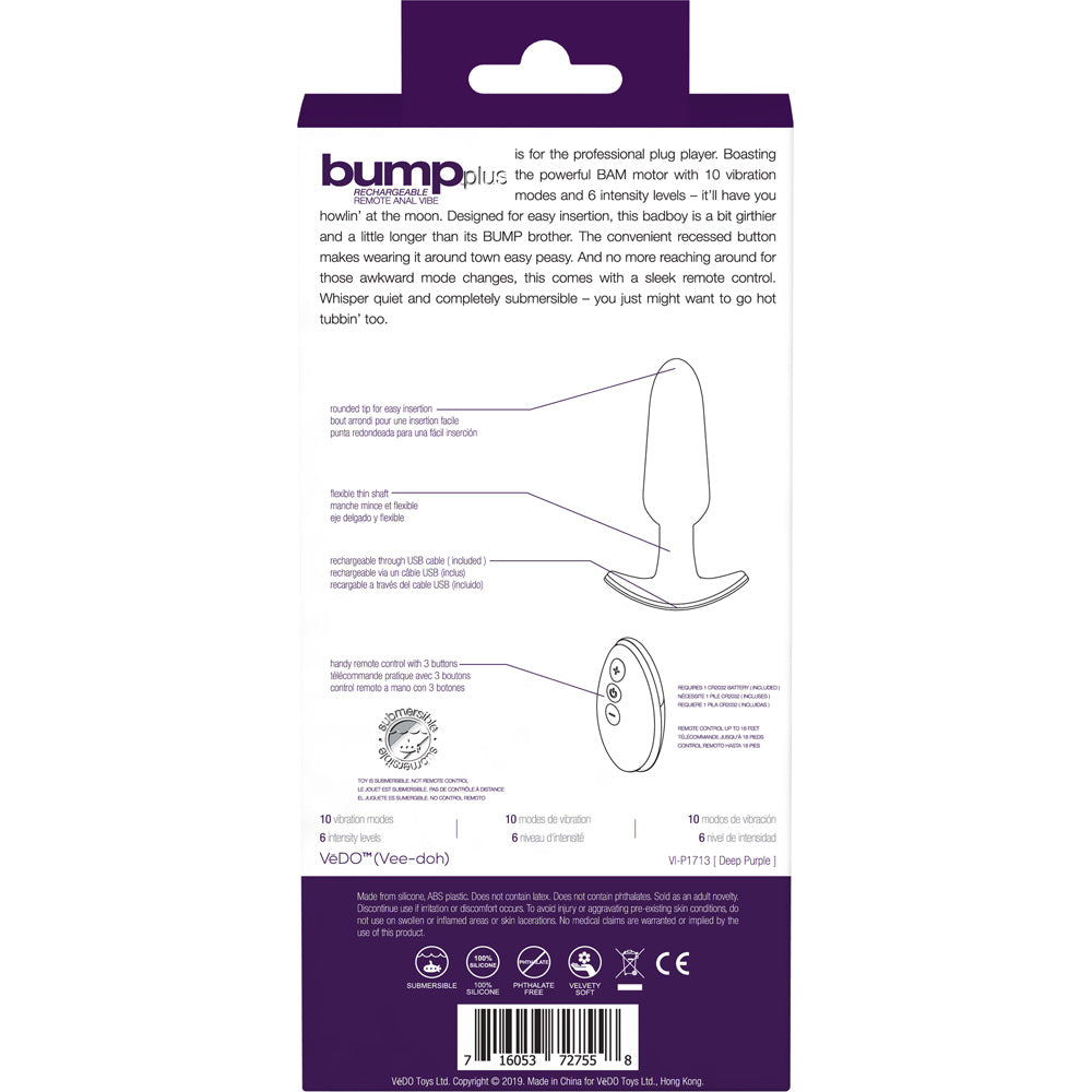 Bump Plus Rechargeable Remote-Controlled Anal Vibrator - Deep Purple