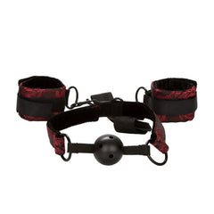 Scandal Breathable Ball Gag with Cuffs – Adjustable Red & Black Restraint Set