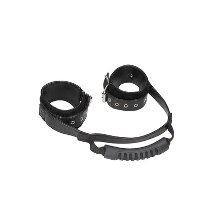 Ouch! Black & White Bonded Leather Hand Cuffs With Handle With Adjustable Straps