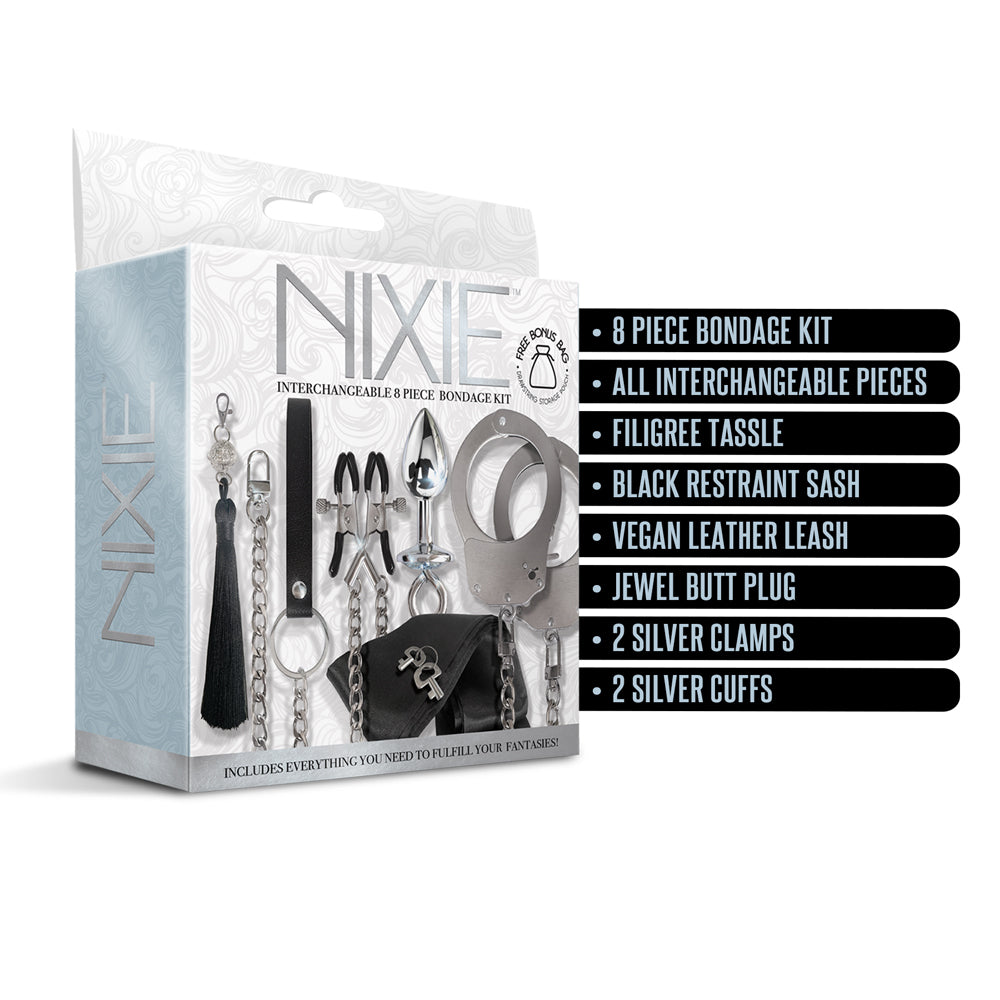 Nixie Interchangeable 8-Piece Bondage Kit – Silver Adjustable Restraints and Accessories