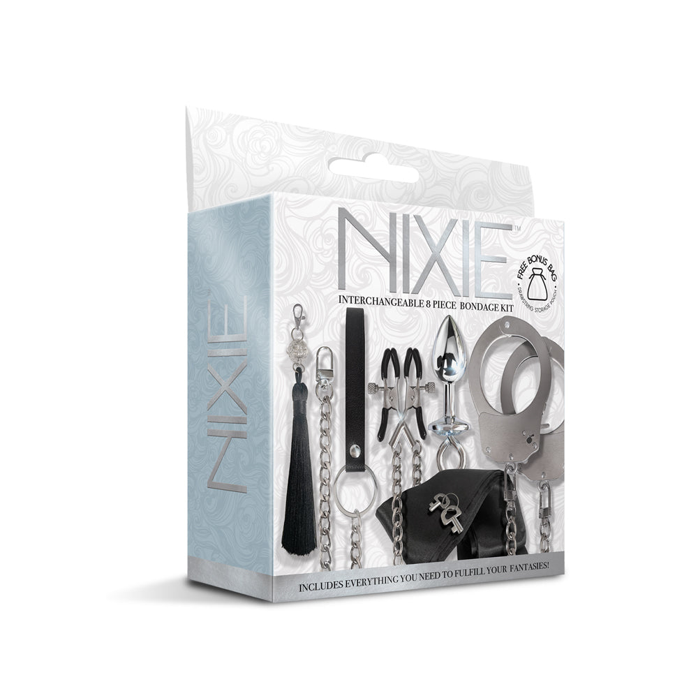 Nixie Interchangeable 8-Piece Bondage Kit – Silver Adjustable Restraints and Accessories
