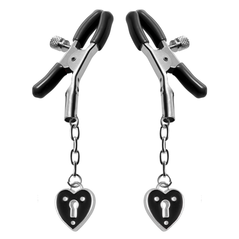 Master Series Charmed Heart Padlock Nipple Clamps - Adjustable Metal BDSM Nipple Restraints