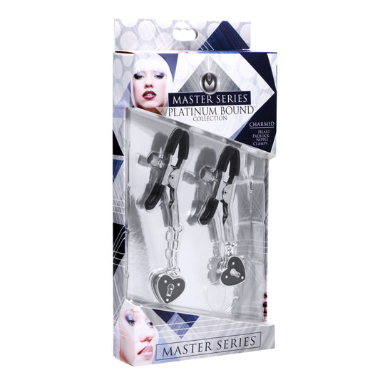 Master Series Charmed Heart Padlock Nipple Clamps - Adjustable Metal BDSM Nipple Restraints