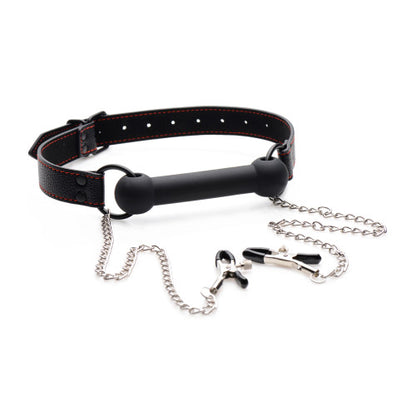Strict Silicone Bit Gag with Nipple Clamps – Adjustable PU Leather Strap and Vinyl-Tipped Clamps