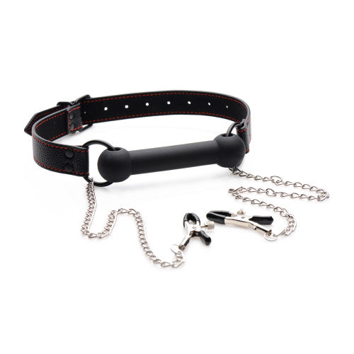 Strict Silicone Bit Gag with Nipple Clamps – Adjustable PU Leather Strap and Vinyl-Tipped Clamps