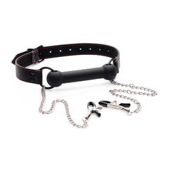 Strict Silicone Bit Gag with Nipple Clamps – Adjustable PU Leather Strap and Vinyl-Tipped Clamps