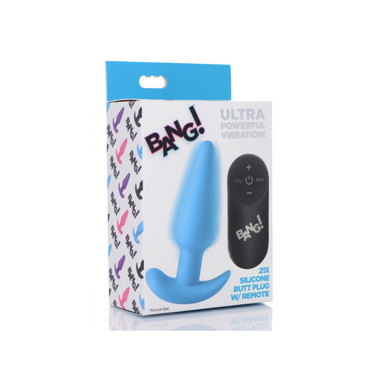 Bang! 21X Vibrating Silicone Butt Plug with Remote Control – Blue