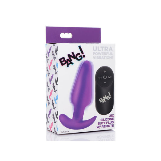 Bang! 21X Vibrating Silicone Butt Plug with Remote Control - Purple