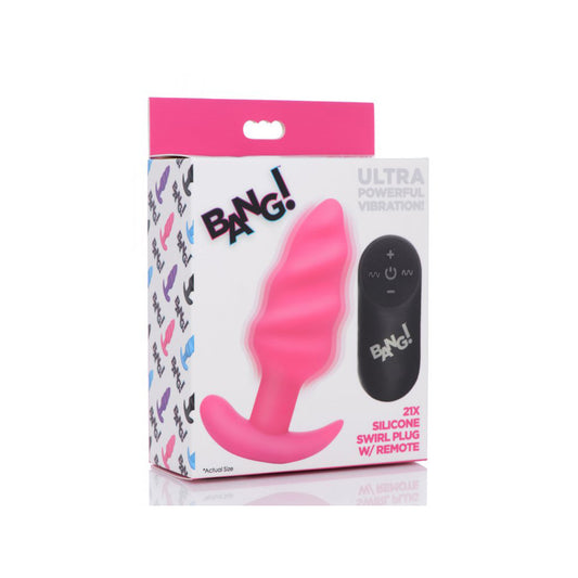 Bang! 21-Function Vibrating Silicone Swirl Butt Plug with Remote Control – Pink