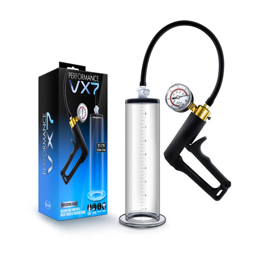 Performance Vx7 Vacuum Penis Pump with Brass Trigger and Pressure Gauge – Clear