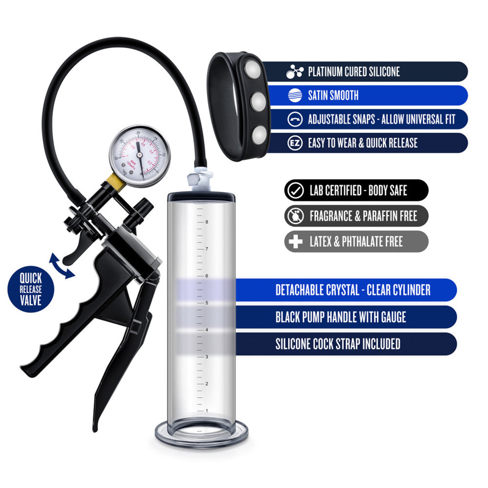 Performance VX8 Premium Penis Pump System with Silicone Cock Strap - Clear