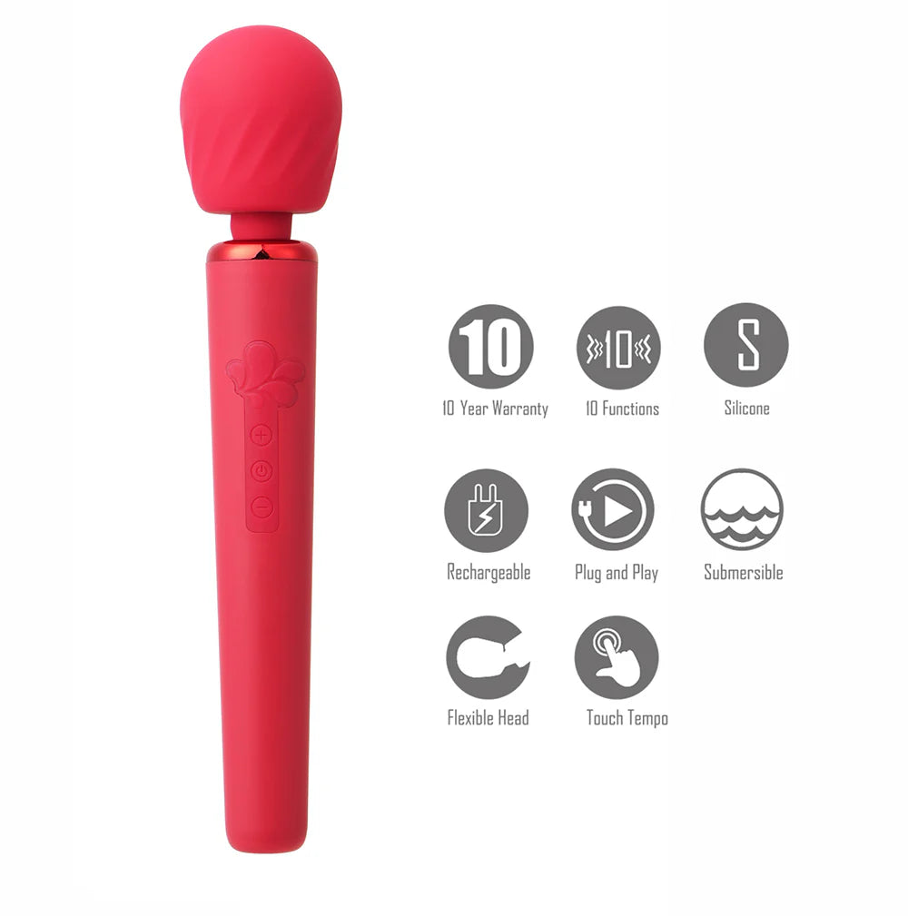 NALA Red 10-Function Touch Tempo Plug & Play Powerful Wand Vibrator